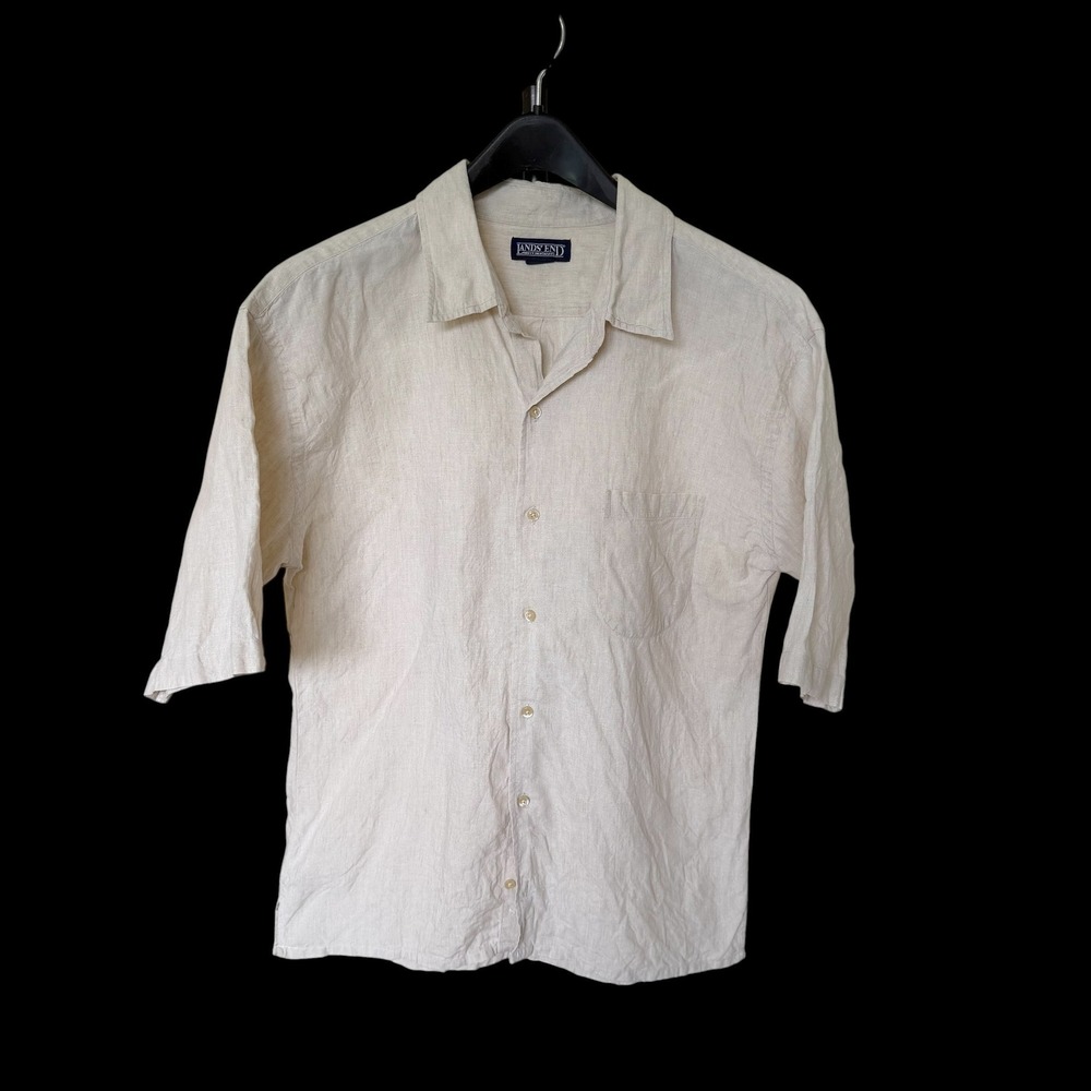 Lands End Mens XL Beige 100% Linen Short Sleeve Button Down Shirt Pocket Regular